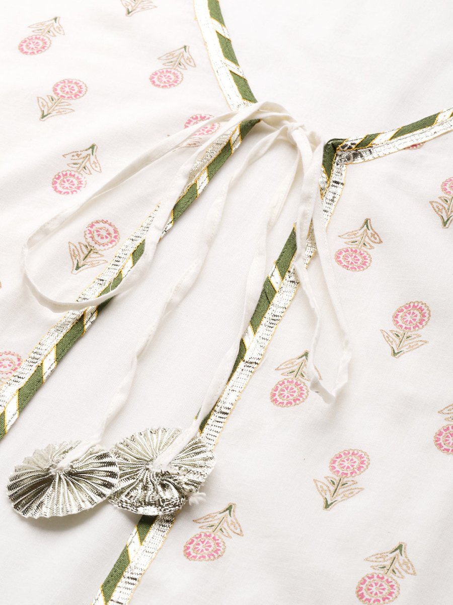 Ahalyaa Off White & Pink Floral Print A-Line Midi Dress | Swadesiicart