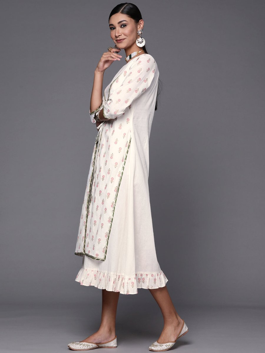 Ahalyaa Off White & Pink Floral Print A-Line Midi Dress | Swadesiicart