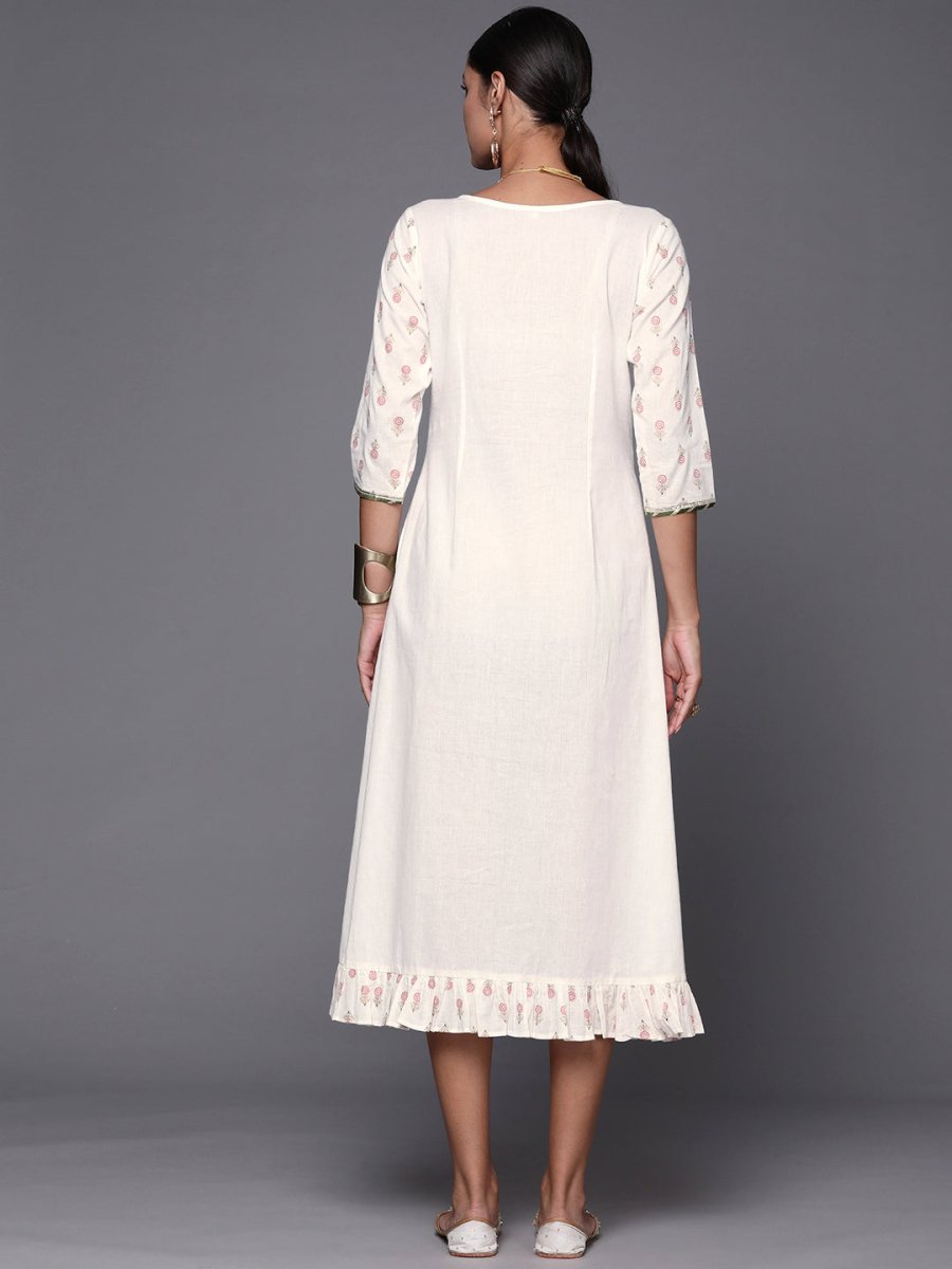 Ahalyaa Off White & Pink Floral Print A-Line Midi Dress | Swadesiicart