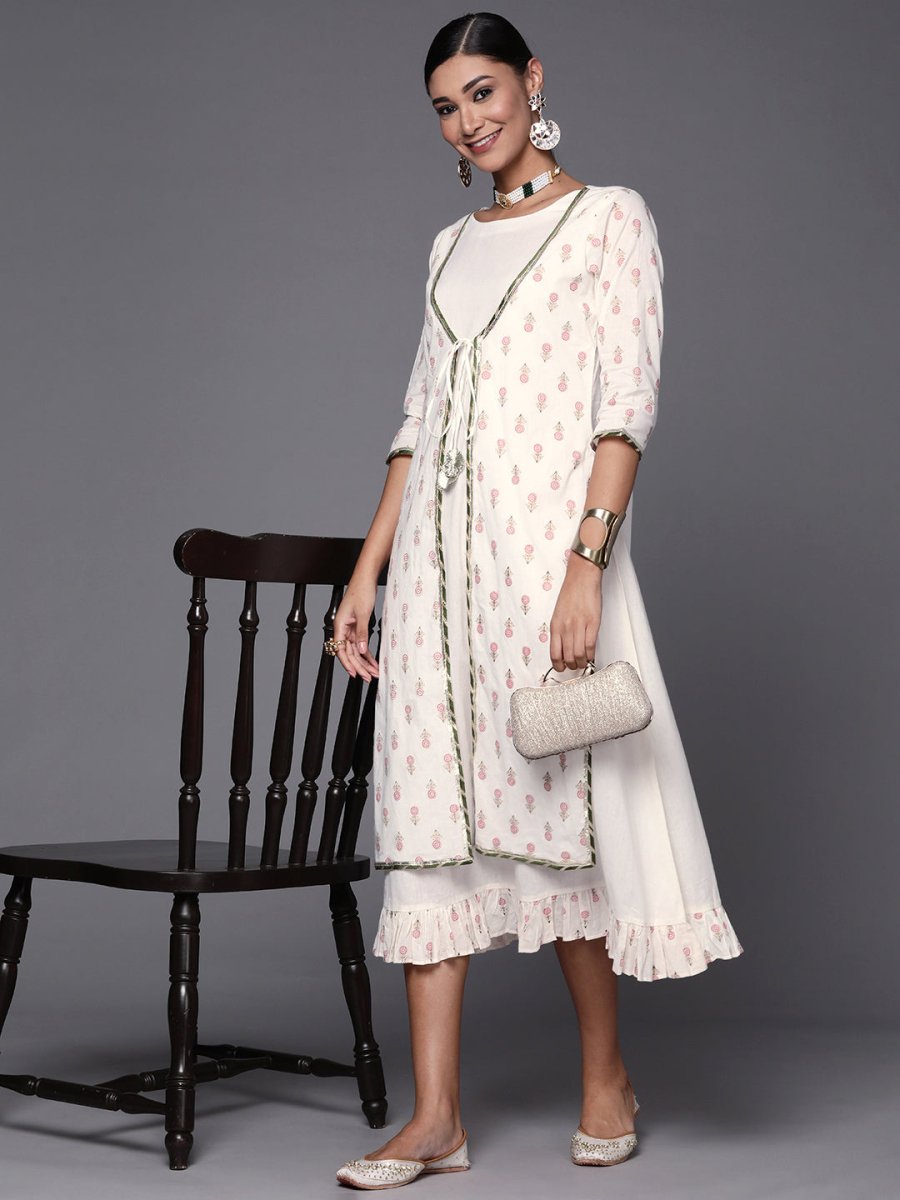 Ahalyaa Off White & Pink Floral Print A-Line Midi Dress | Swadesiicart
