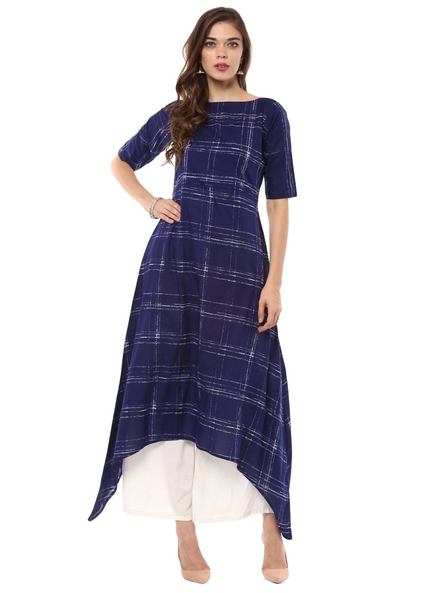 Ahalyaa Women Blue Checked A-Line Asymmetric Kurta | Swadesiicart