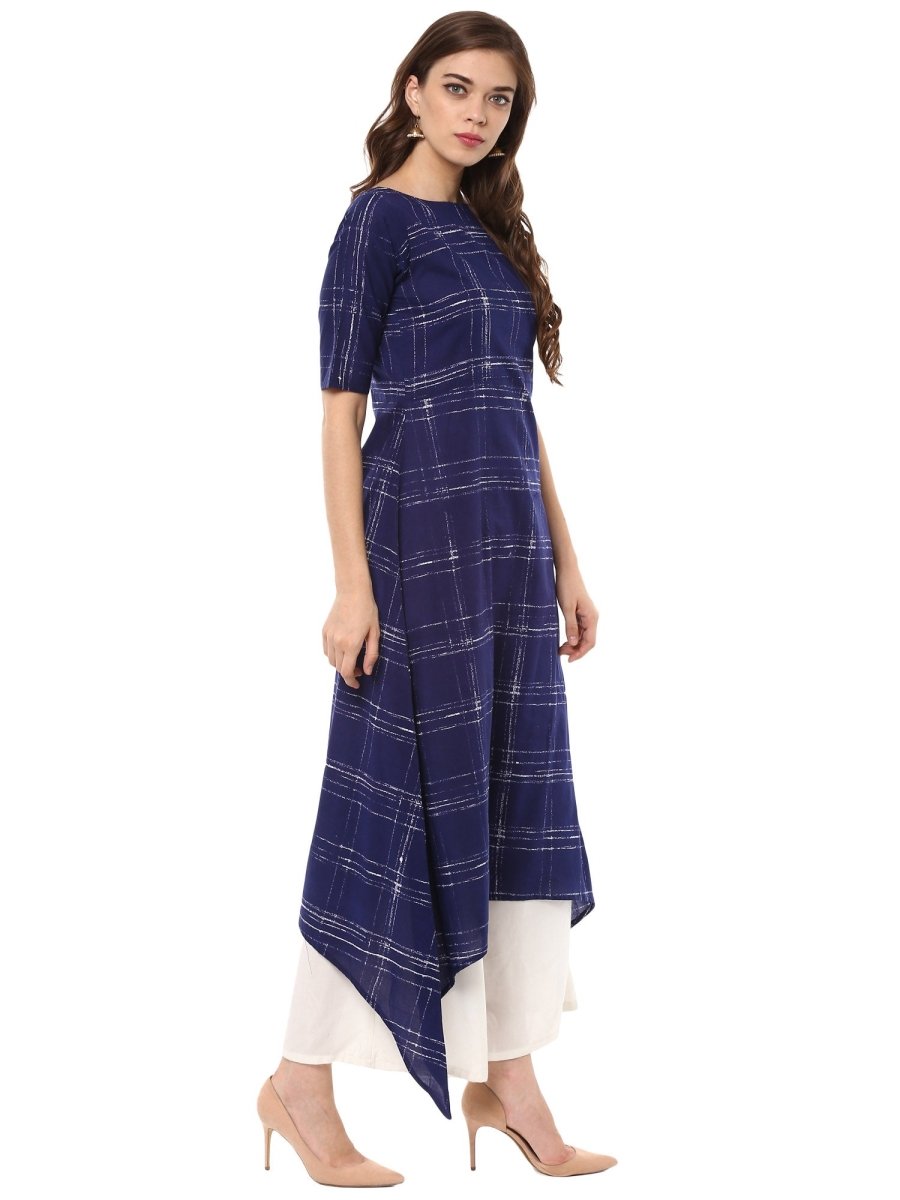 Ahalyaa Women Blue Checked A-Line Asymmetric Kurta | Swadesiicart