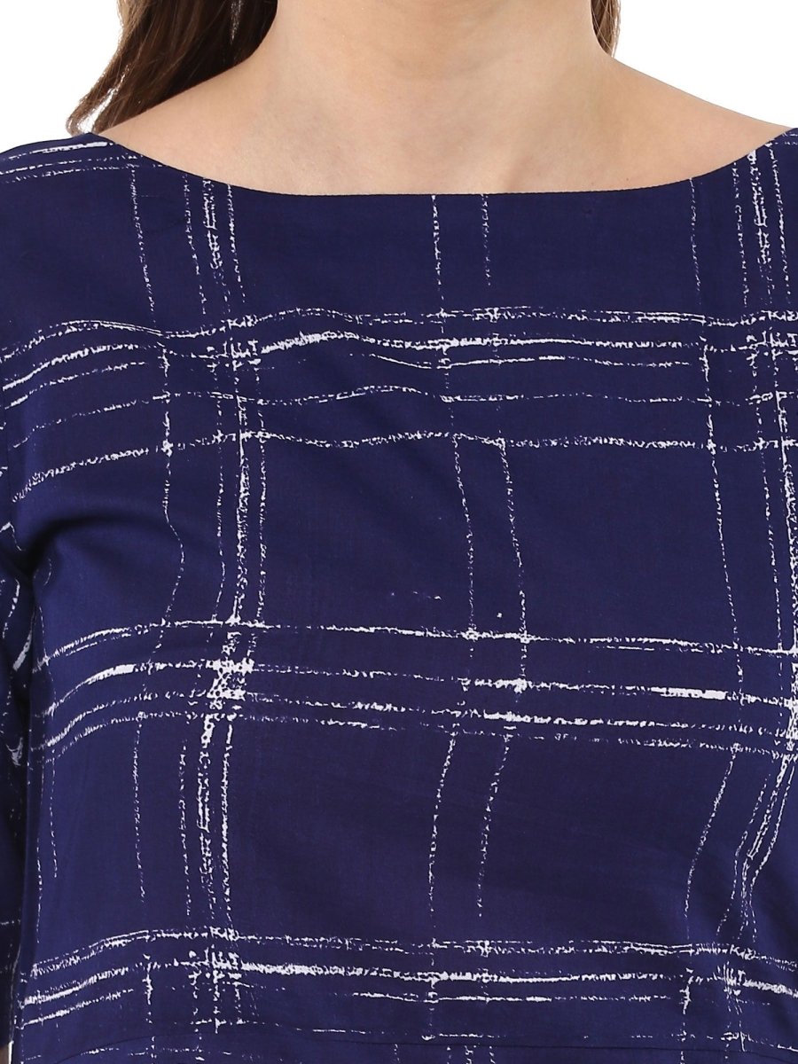 Ahalyaa Women Blue Checked A-Line Asymmetric Kurta | Swadesiicart