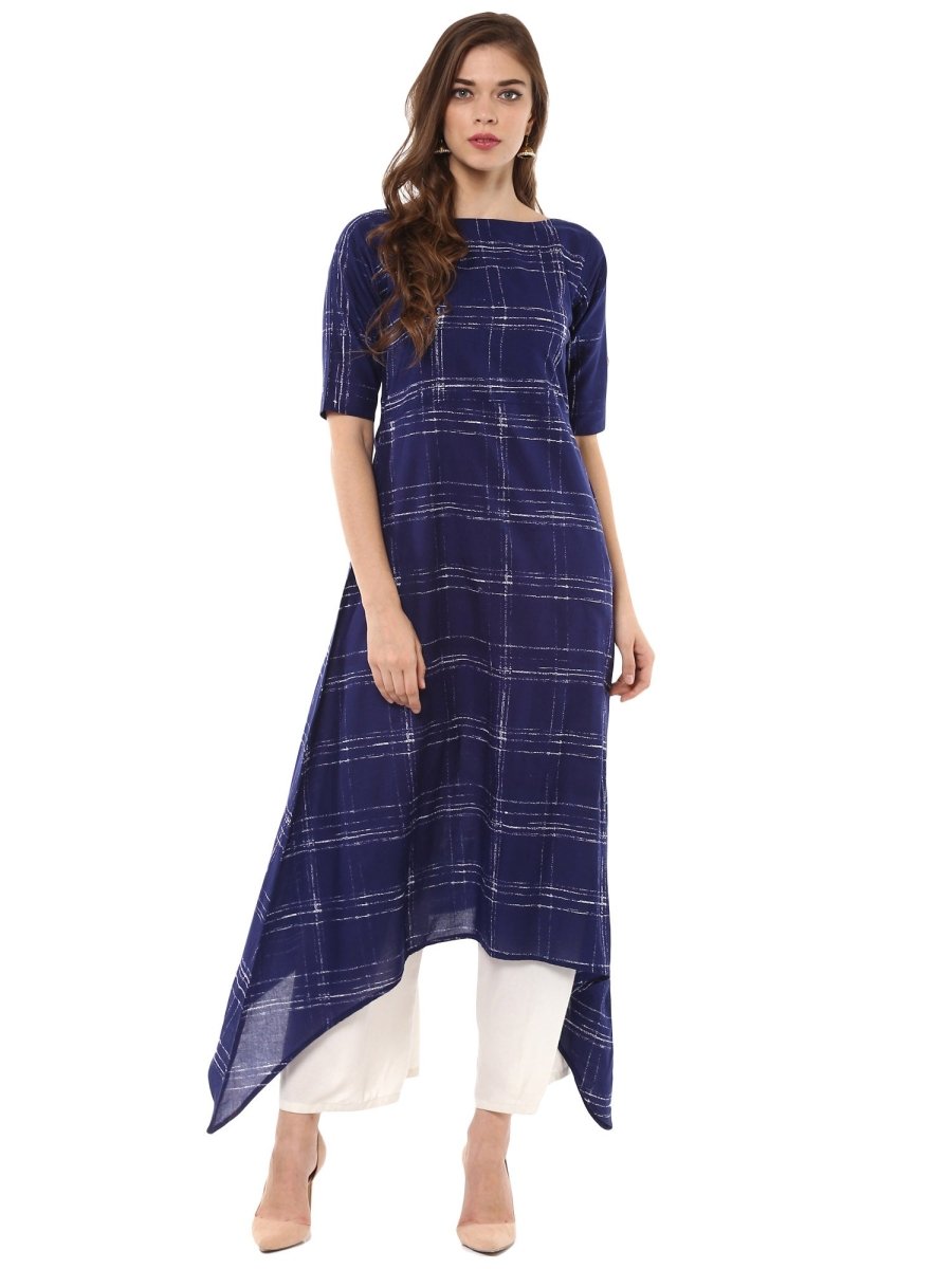 Ahalyaa Women Blue Checked A-Line Asymmetric Kurta | Swadesiicart