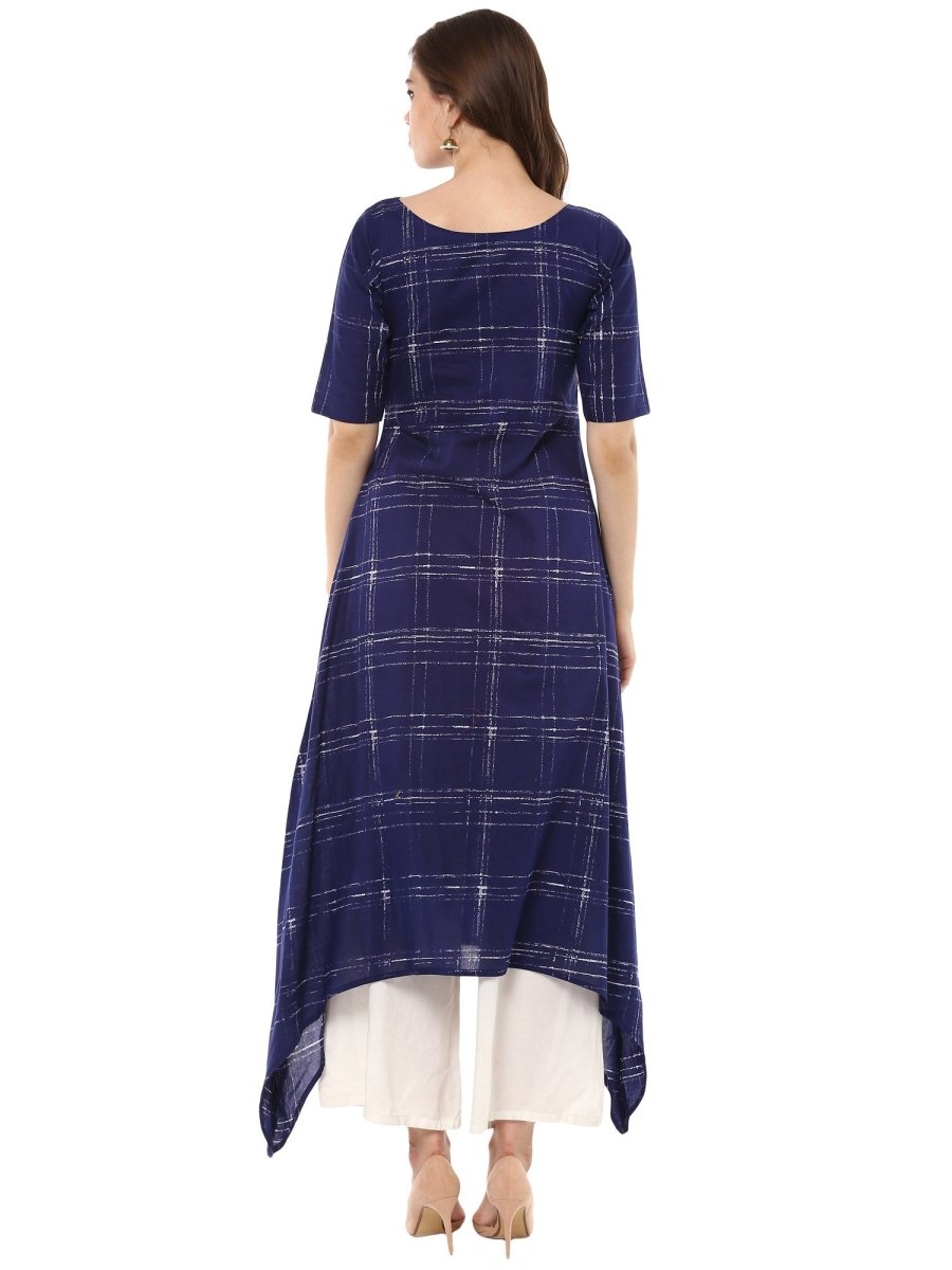 Ahalyaa Women Blue Checked A-Line Asymmetric Kurta | Swadesiicart