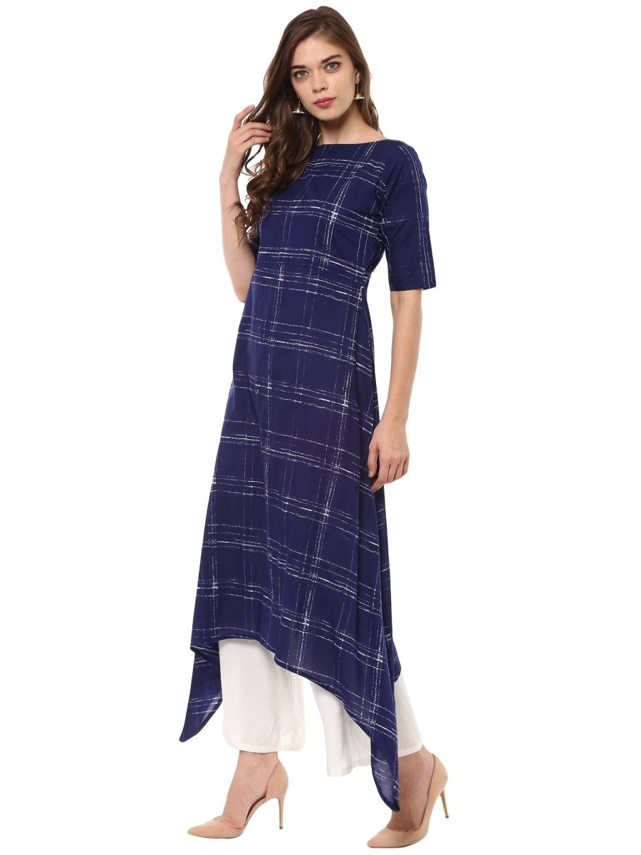 Ahalyaa Women Blue Checked A-Line Asymmetric Kurta | Swadesiicart
