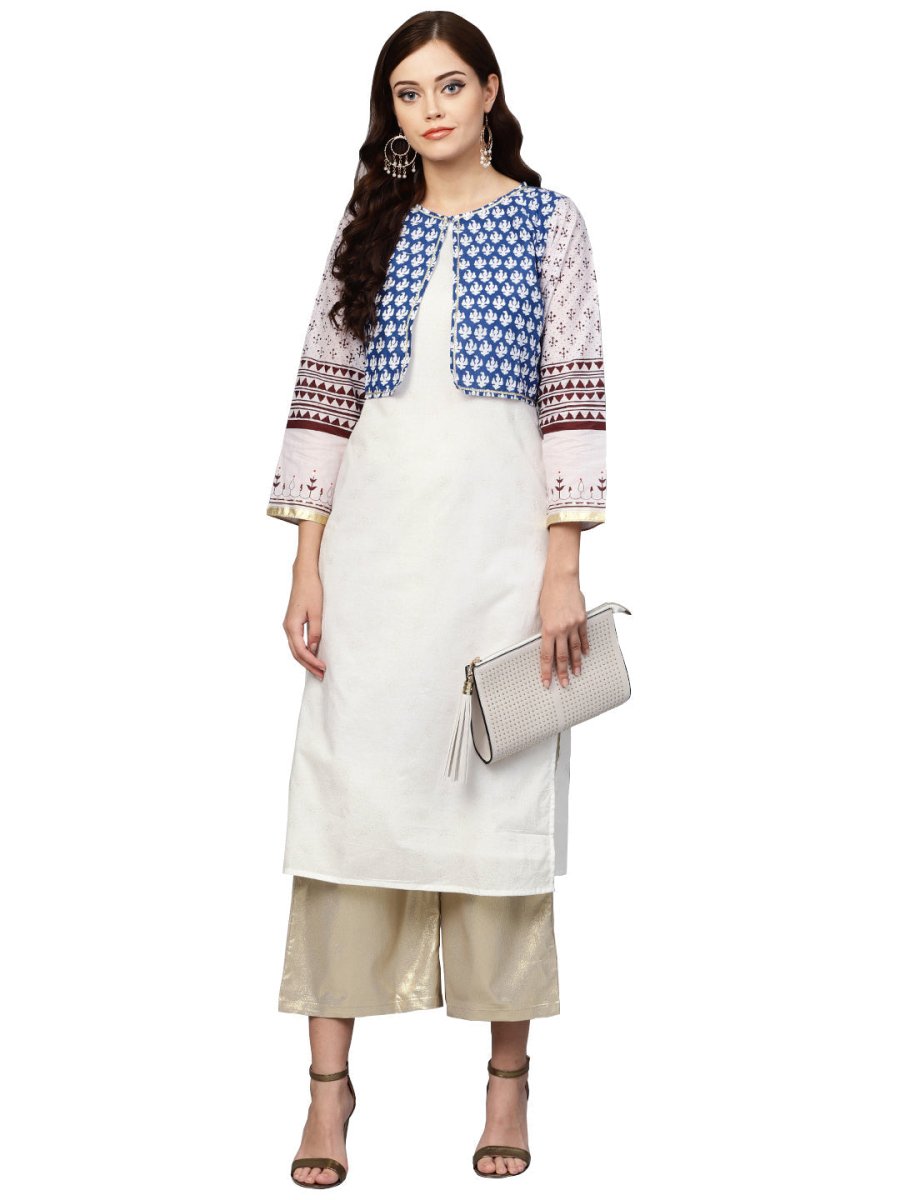 Ahalyaa Printed Straight Cotton Blend Kurta with koti Jacket | Swadesiicart