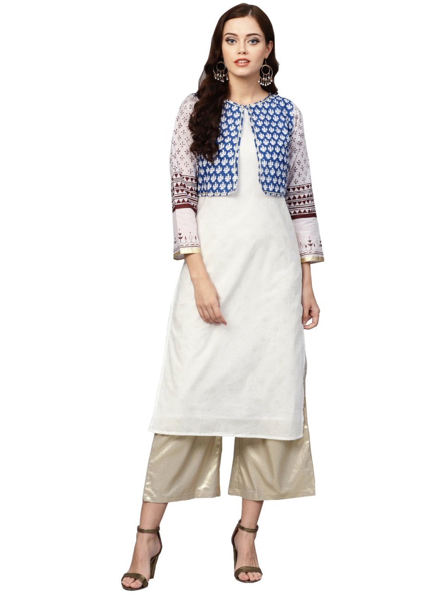 Ahalyaa Printed Straight Cotton Blend Kurta with koti Jacket | Swadesiicart