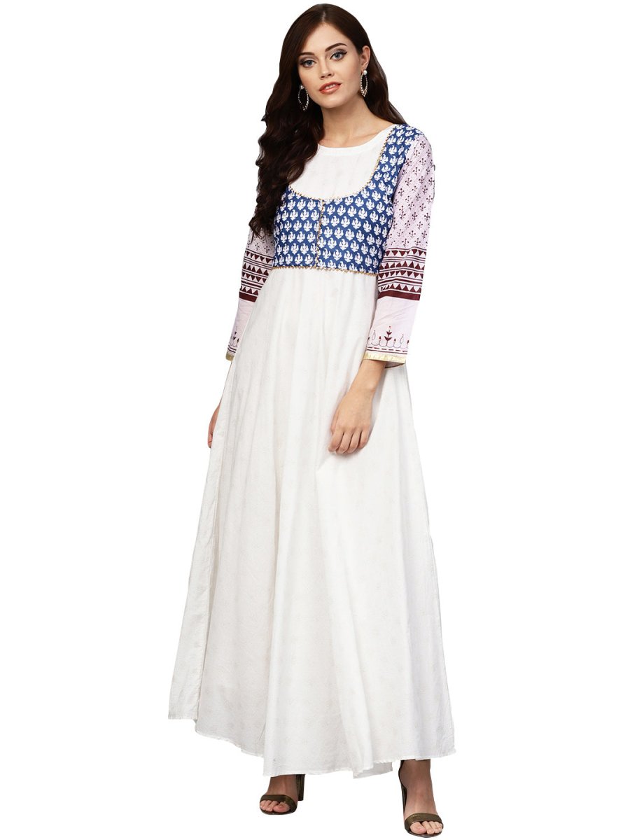 Ahalyaa White And Blue Printed Flare Cotton Jacket Kurta For Women | Swadesiicart