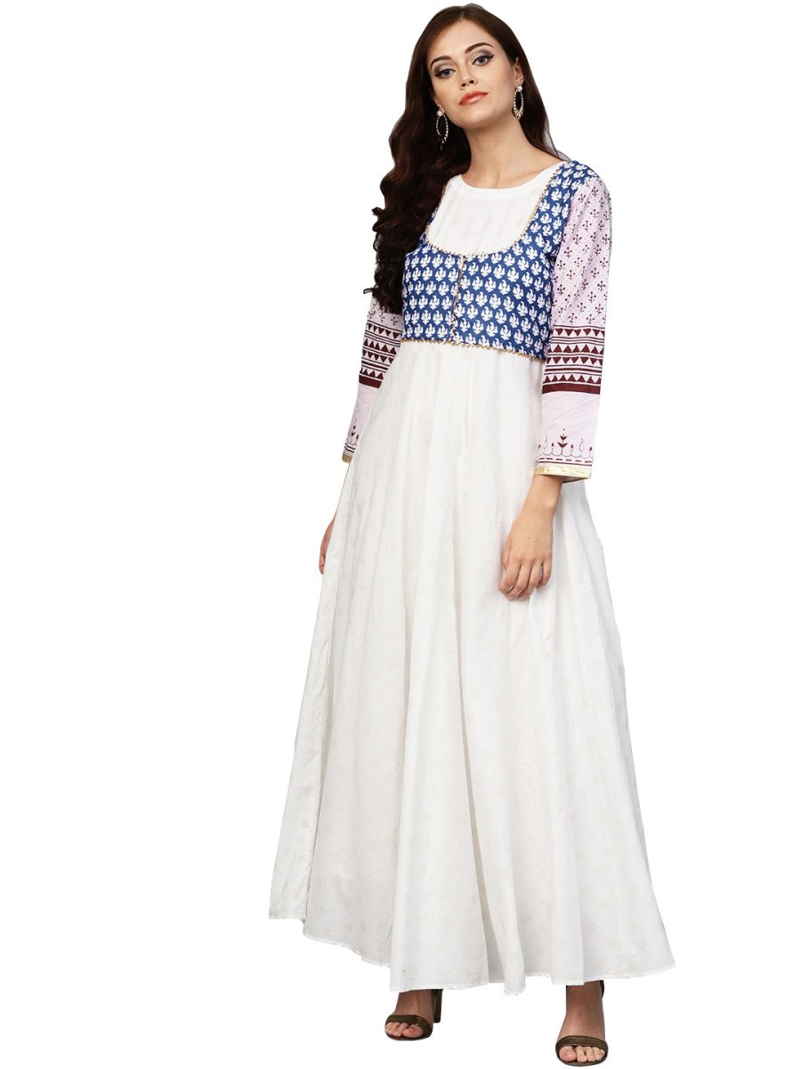 Ahalyaa White And Blue Printed Flare Cotton Jacket Kurta For Women | Swadesiicart