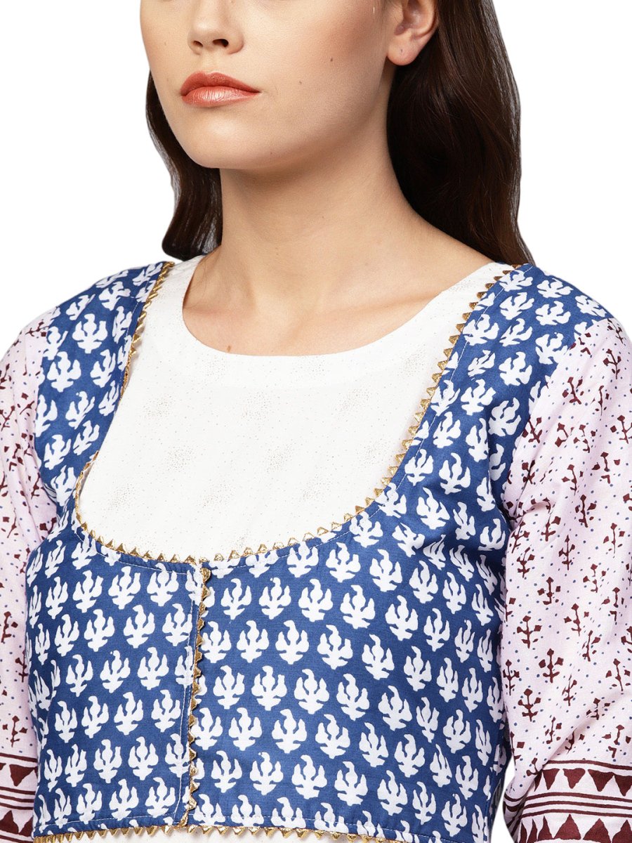 Ahalyaa White And Blue Printed Flare Cotton Jacket Kurta For Women | Swadesiicart