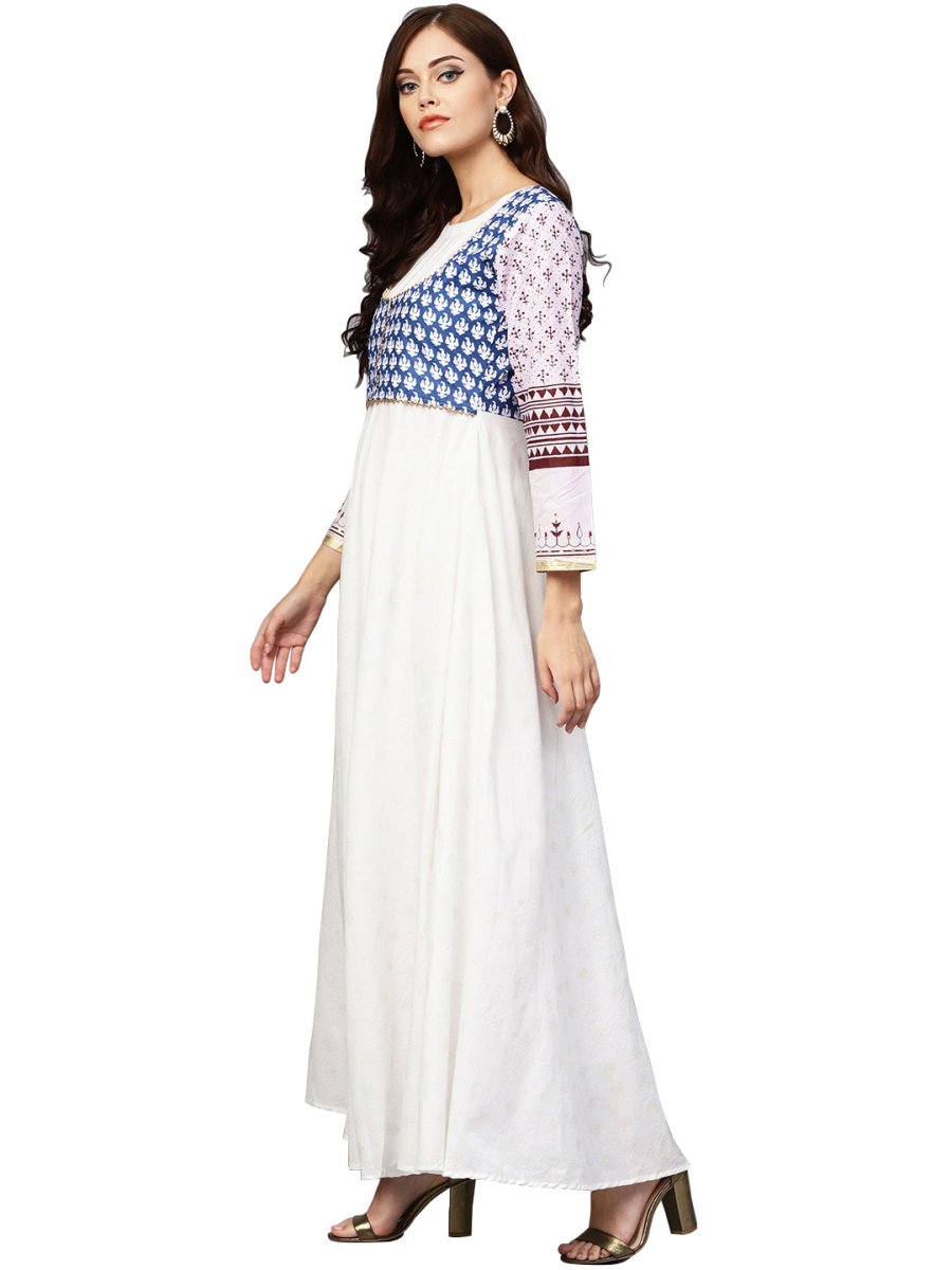Ahalyaa White And Blue Printed Flare Cotton Jacket Kurta For Women | Swadesiicart