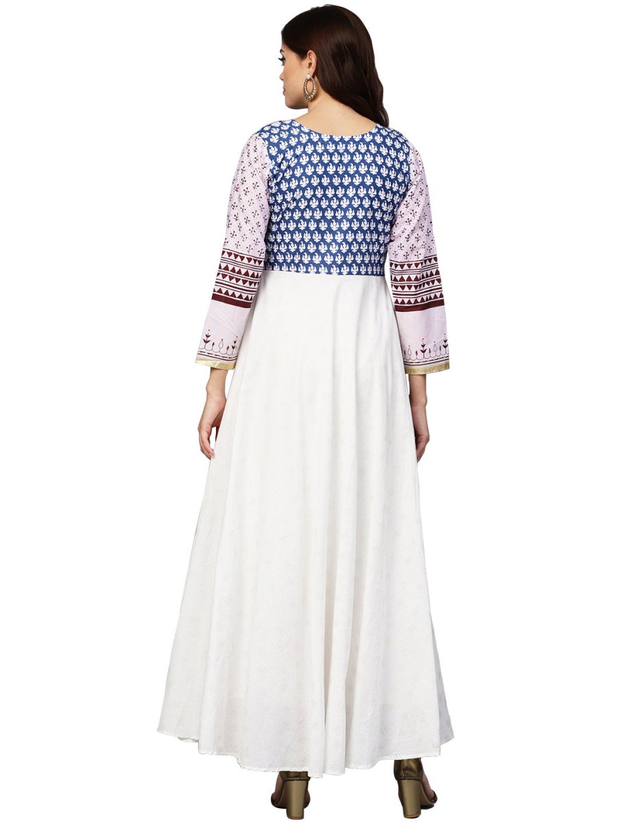 Ahalyaa White And Blue Printed Flare Cotton Jacket Kurta For Women | Swadesiicart