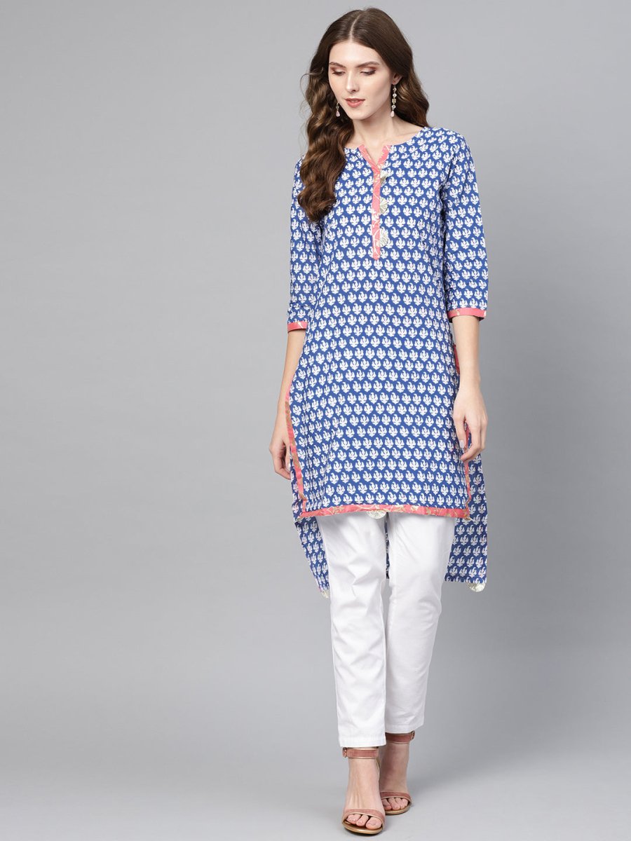 Ahalyaa Women Blue & White Printed High-Low Straight Kurta | Swadesiicart