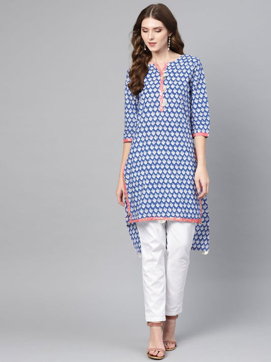 Ahalyaa Women Blue & White Printed High-Low Straight Kurta | Swadesiicart