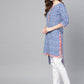 Ahalyaa Women Blue & White Printed High-Low Straight Kurta | Swadesiicart