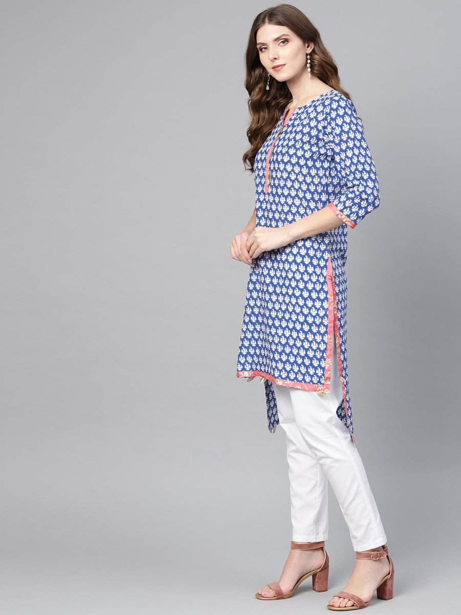 Ahalyaa Women Blue & White Printed High-Low Straight Kurta | Swadesiicart
