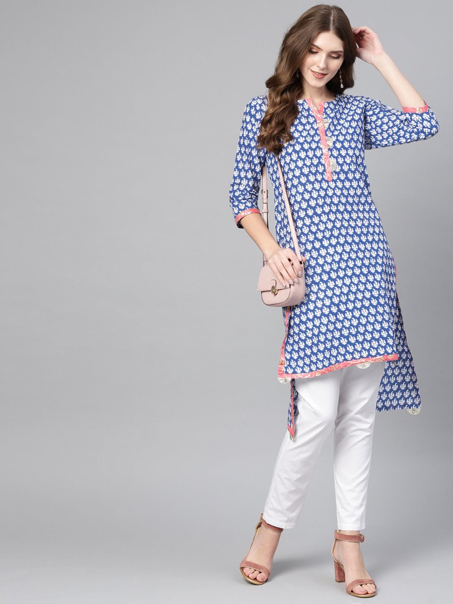 Ahalyaa Women Blue & White Printed High-Low Straight Kurta | Swadesiicart