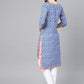 Ahalyaa Women Blue & White Printed High-Low Straight Kurta | Swadesiicart