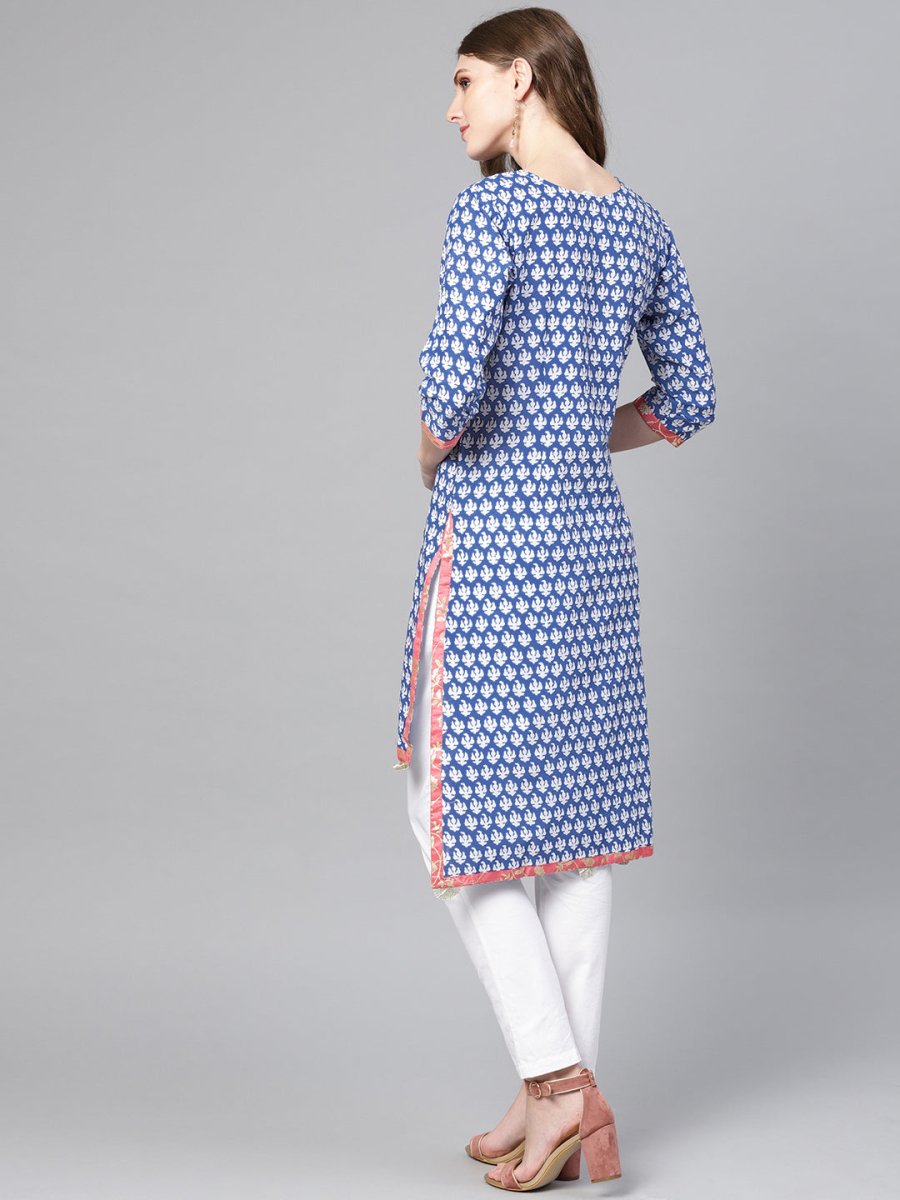 Ahalyaa Women Blue & White Printed High-Low Straight Kurta | Swadesiicart