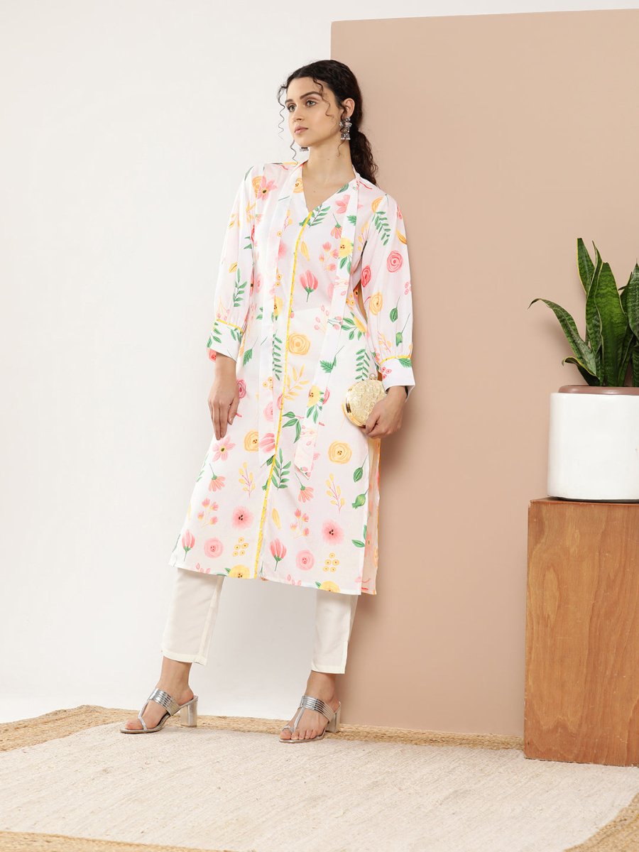 Ahalyaa Women White & Pink Floral Printed Floral Crepe Kurta | Swadesiicart