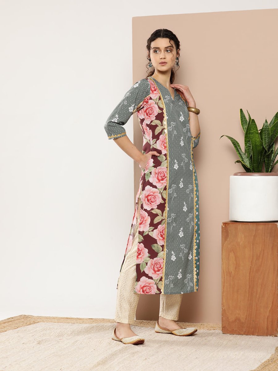 Ahalyaa Women Green & Pink Floral Printed Gotta Patti Floral Crepe Kurta | Swadesiicart