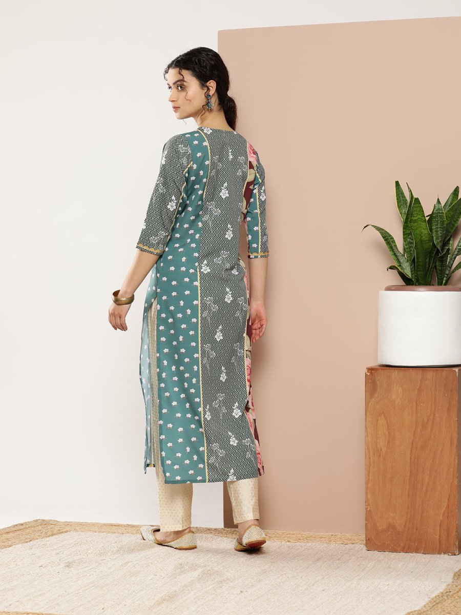 Ahalyaa Women Green & Pink Floral Printed Gotta Patti Floral Crepe Kurta | Swadesiicart