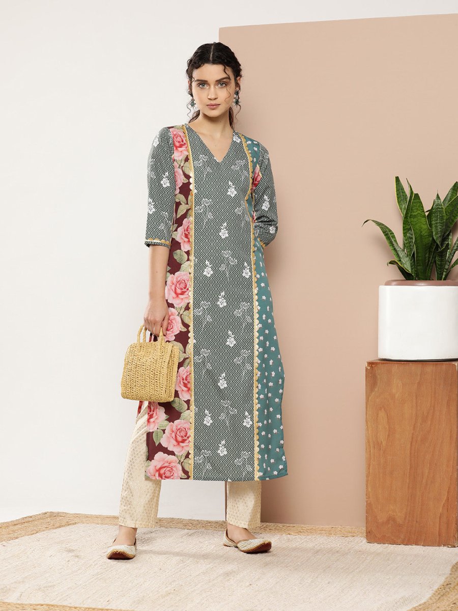 Ahalyaa Women Green & Pink Floral Printed Gotta Patti Floral Crepe Kurta | Swadesiicart