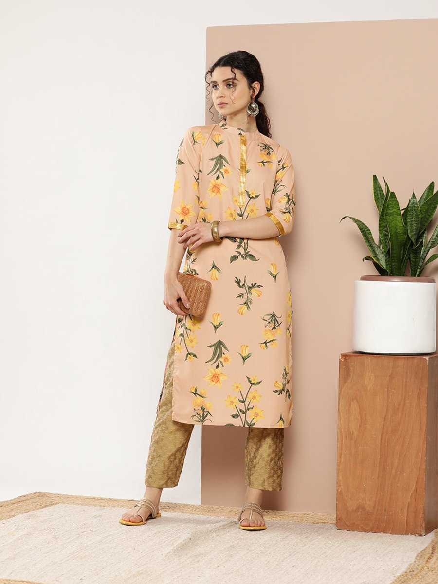 Ahalyaa Women Tan & Yellow Floral Printed Floral Crepe Kurta | Swadesiicart