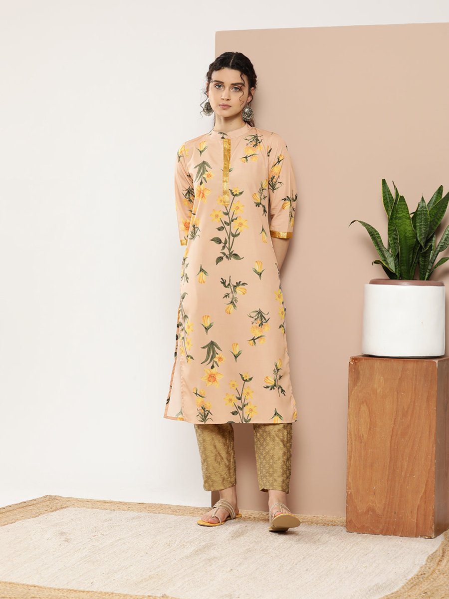 Ahalyaa Women Tan & Yellow Floral Printed Floral Crepe Kurta | Swadesiicart