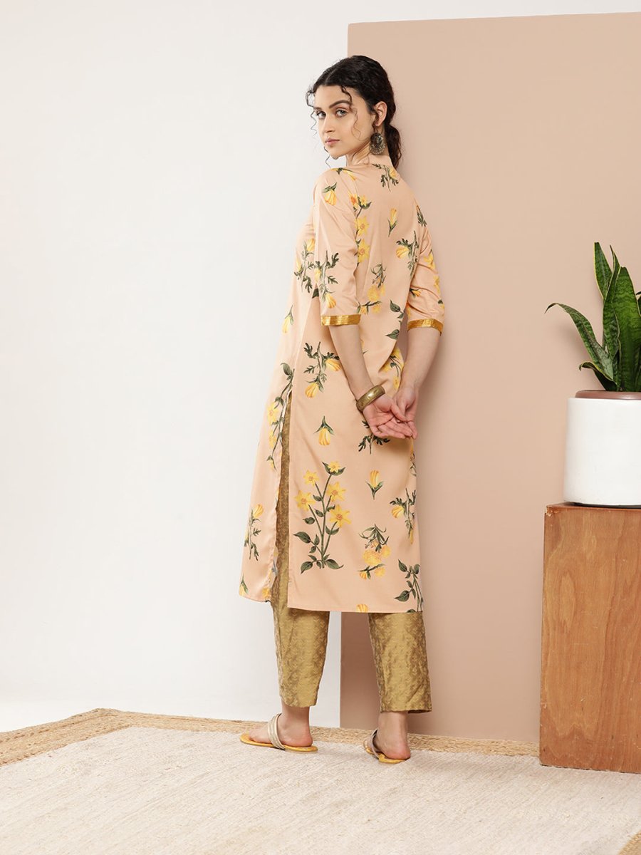 Ahalyaa Women Tan & Yellow Floral Printed Floral Crepe Kurta | Swadesiicart