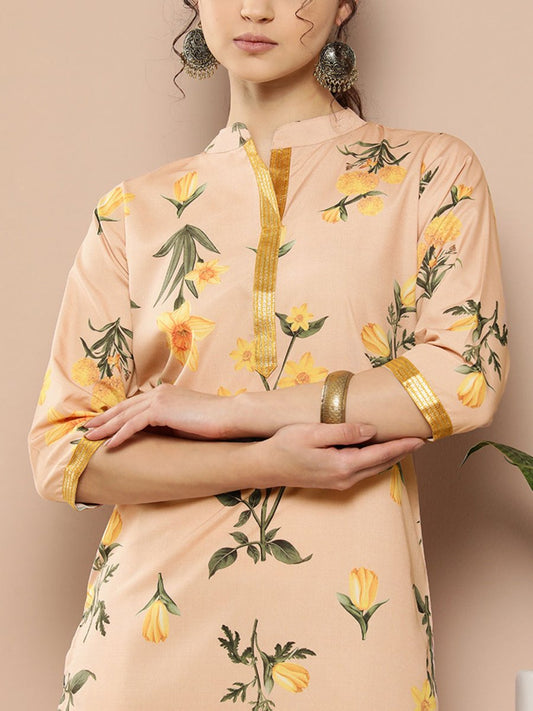 Ahalyaa Women Tan & Yellow Floral Printed Floral Crepe Kurta | Swadesiicart