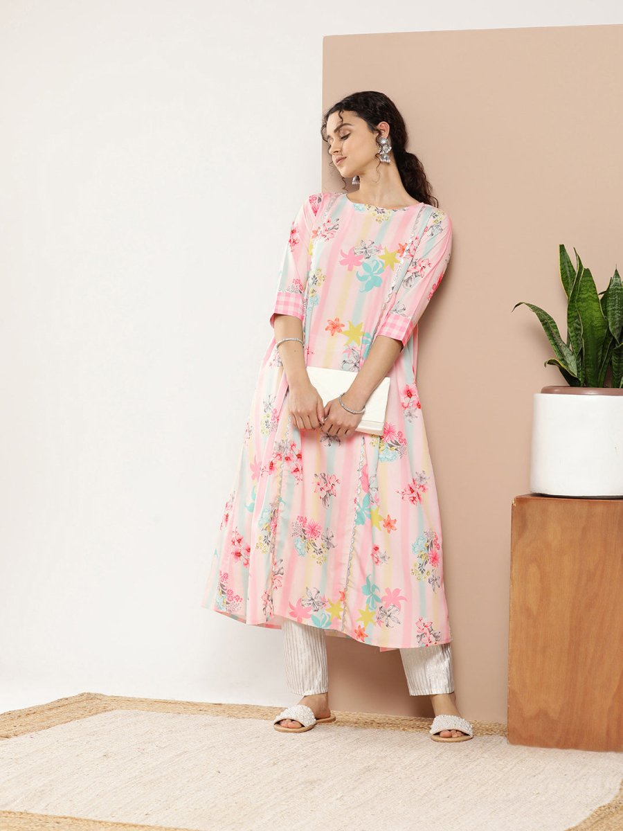 Ahalyaa Women Pink & Green Printed Gotta Patti Floral Crepe Kurta | Swadesiicart