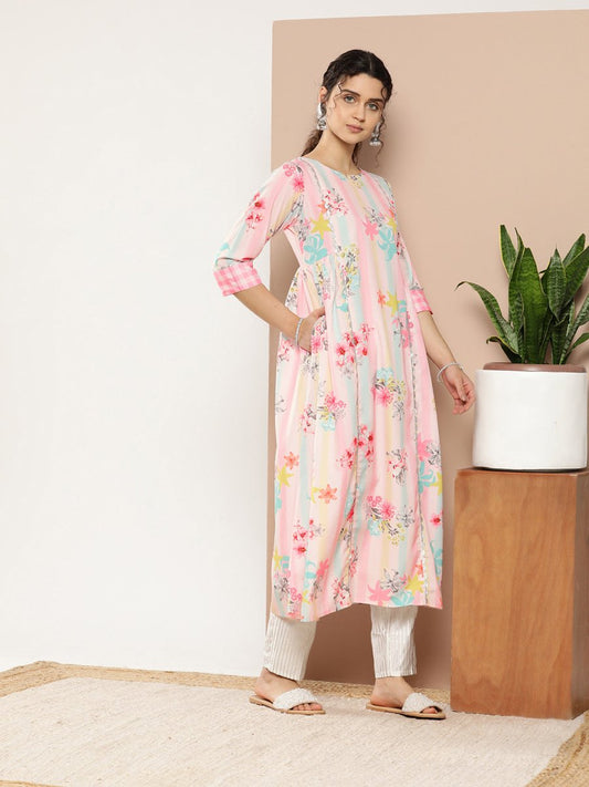 Ahalyaa Women Pink & Green Printed Gotta Patti Floral Crepe Kurta | Swadesiicart