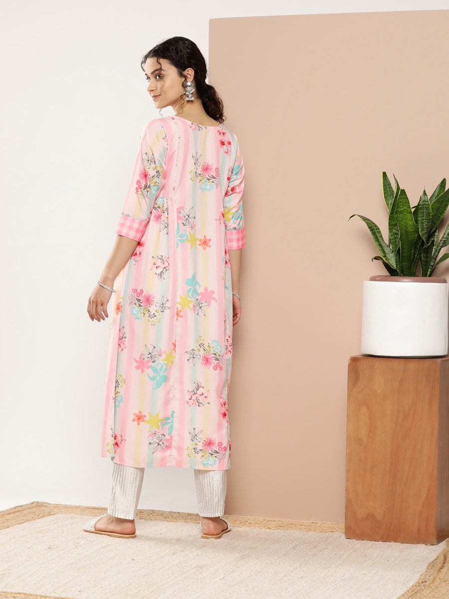 Ahalyaa Women Pink & Green Printed Gotta Patti Floral Crepe Kurta | Swadesiicart