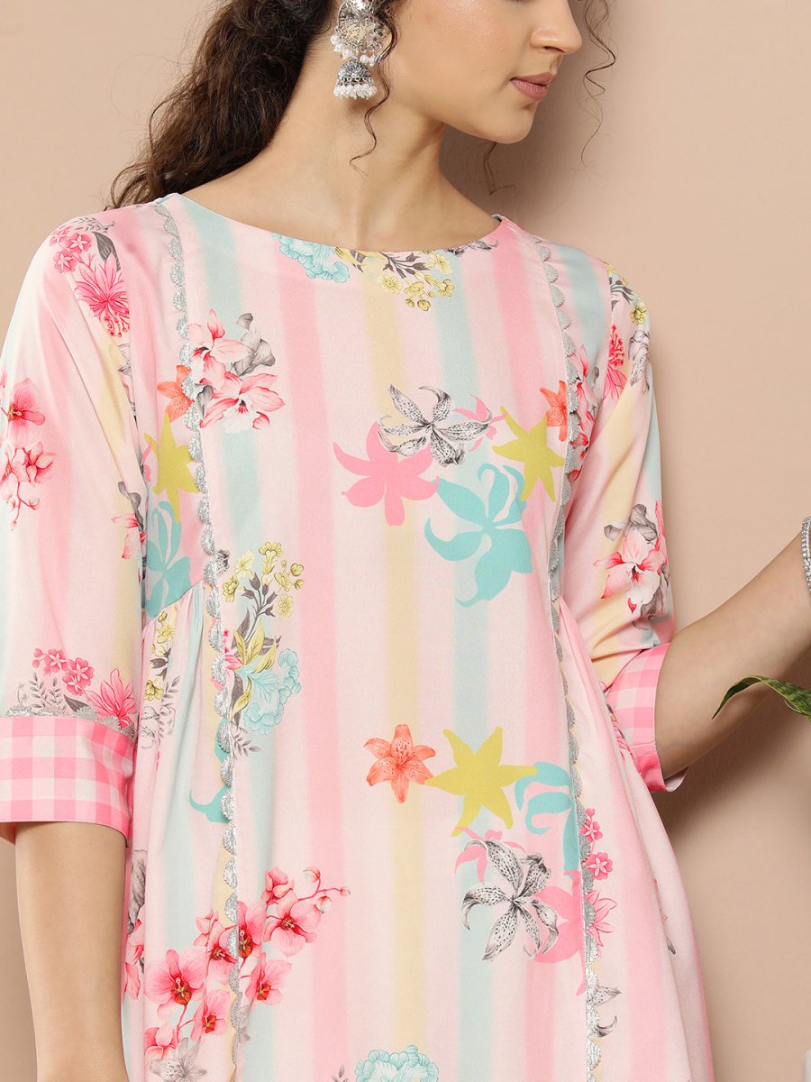 Ahalyaa Women Pink & Green Printed Gotta Patti Floral Crepe Kurta | Swadesiicart