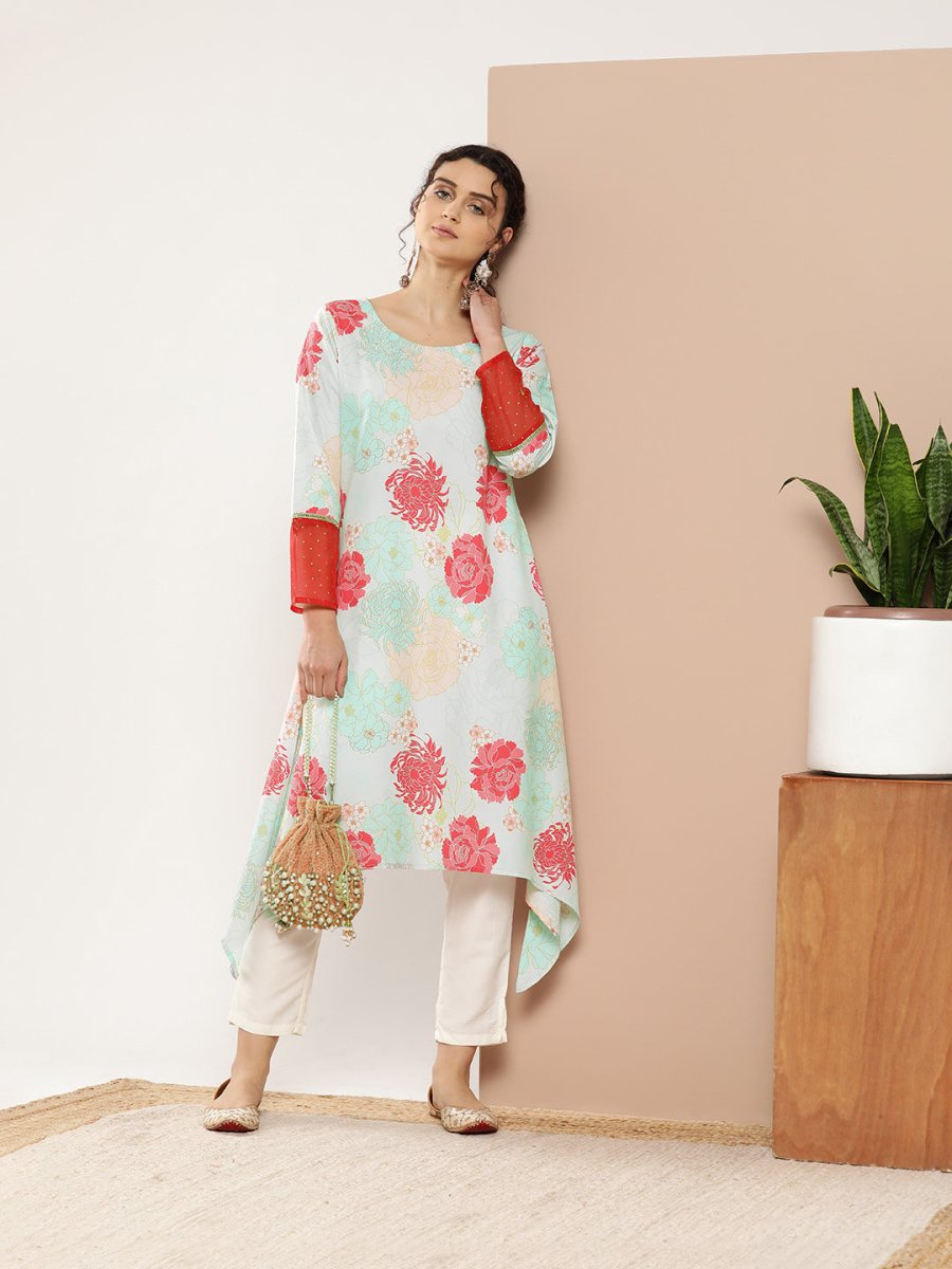 Ahalyaa Women Turquoise Blue & Red Floral Printed Gotta Patti Floral Crepe Kurta | Swadesiicart