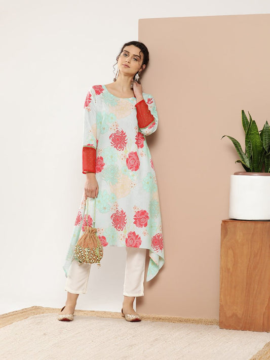 Ahalyaa Women Turquoise Blue & Red Floral Printed Gotta Patti Floral Crepe Kurta | Swadesiicart