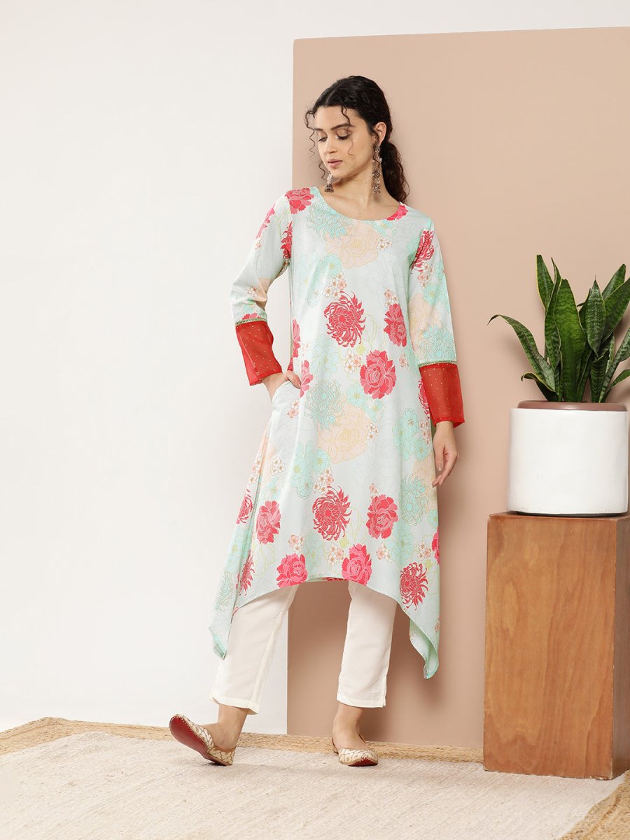Ahalyaa Women Turquoise Blue & Red Floral Printed Gotta Patti Floral Crepe Kurta | Swadesiicart