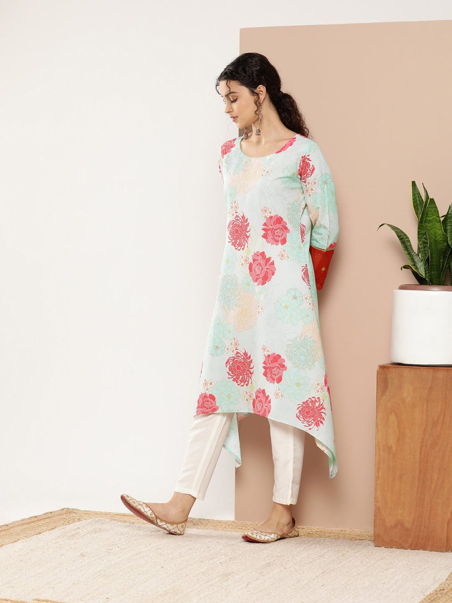 Ahalyaa Women Turquoise Blue & Red Floral Printed Gotta Patti Floral Crepe Kurta | Swadesiicart