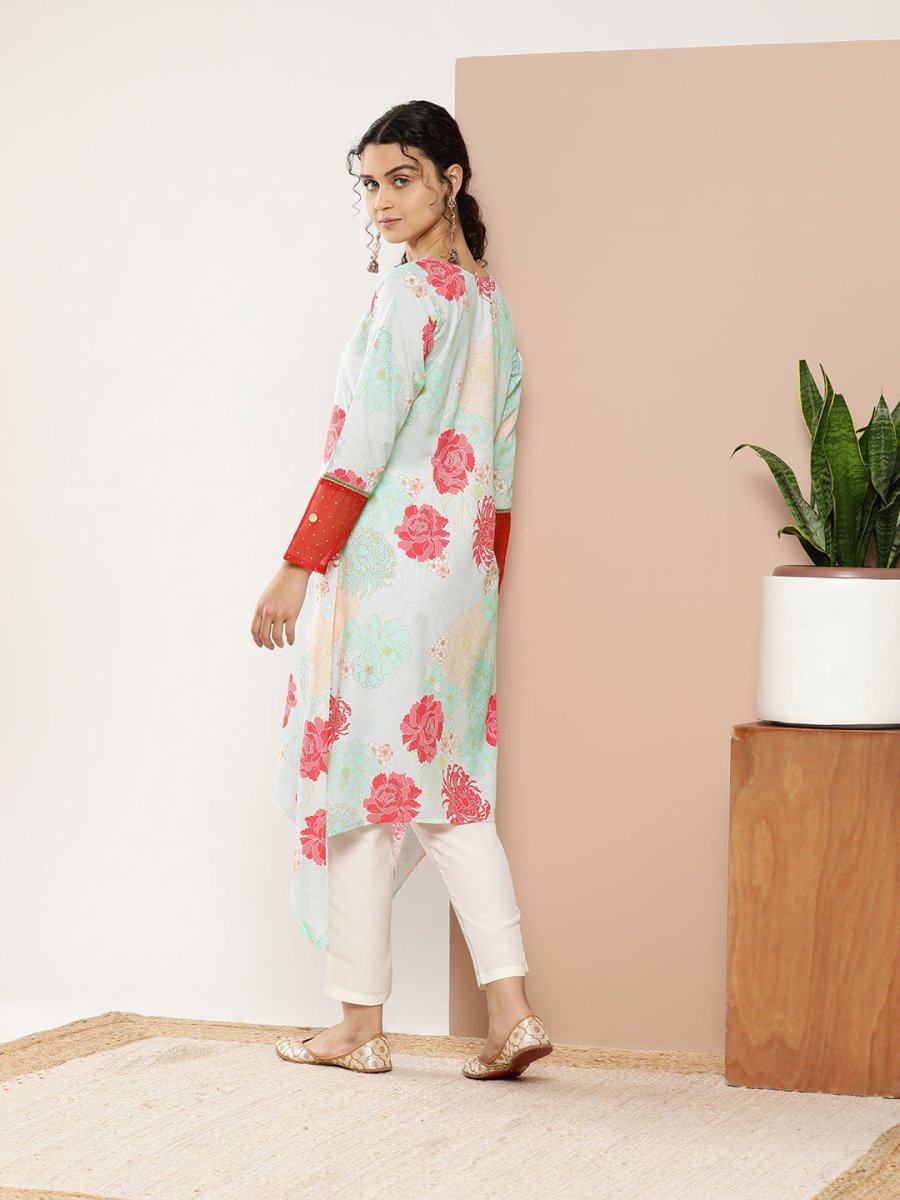 Ahalyaa Women Turquoise Blue & Red Floral Printed Gotta Patti Floral Crepe Kurta | Swadesiicart