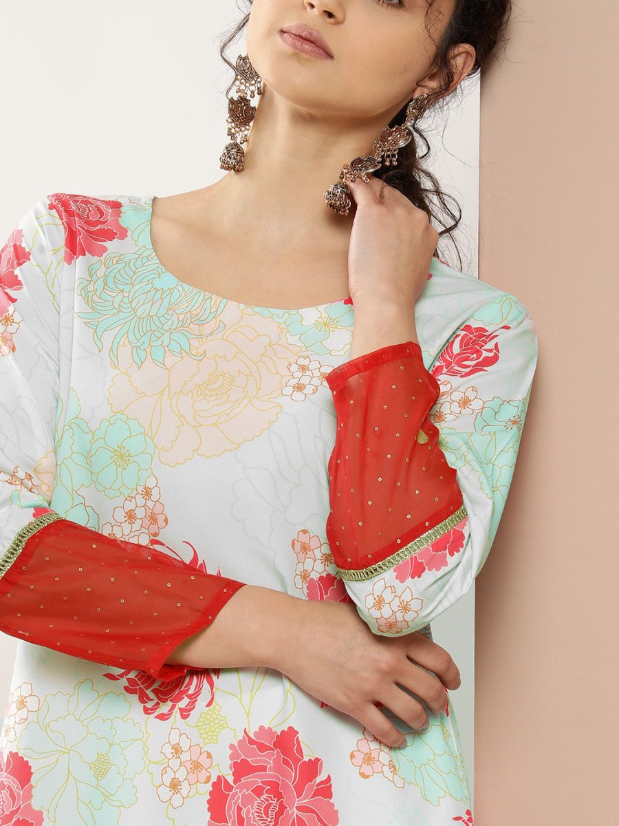 Ahalyaa Women Turquoise Blue & Red Floral Printed Gotta Patti Floral Crepe Kurta | Swadesiicart