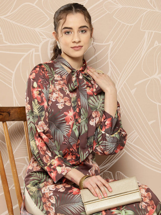 Ahalyaa Women Brown & Orange Floral Printed Crepe Kurta | Swadesiicart