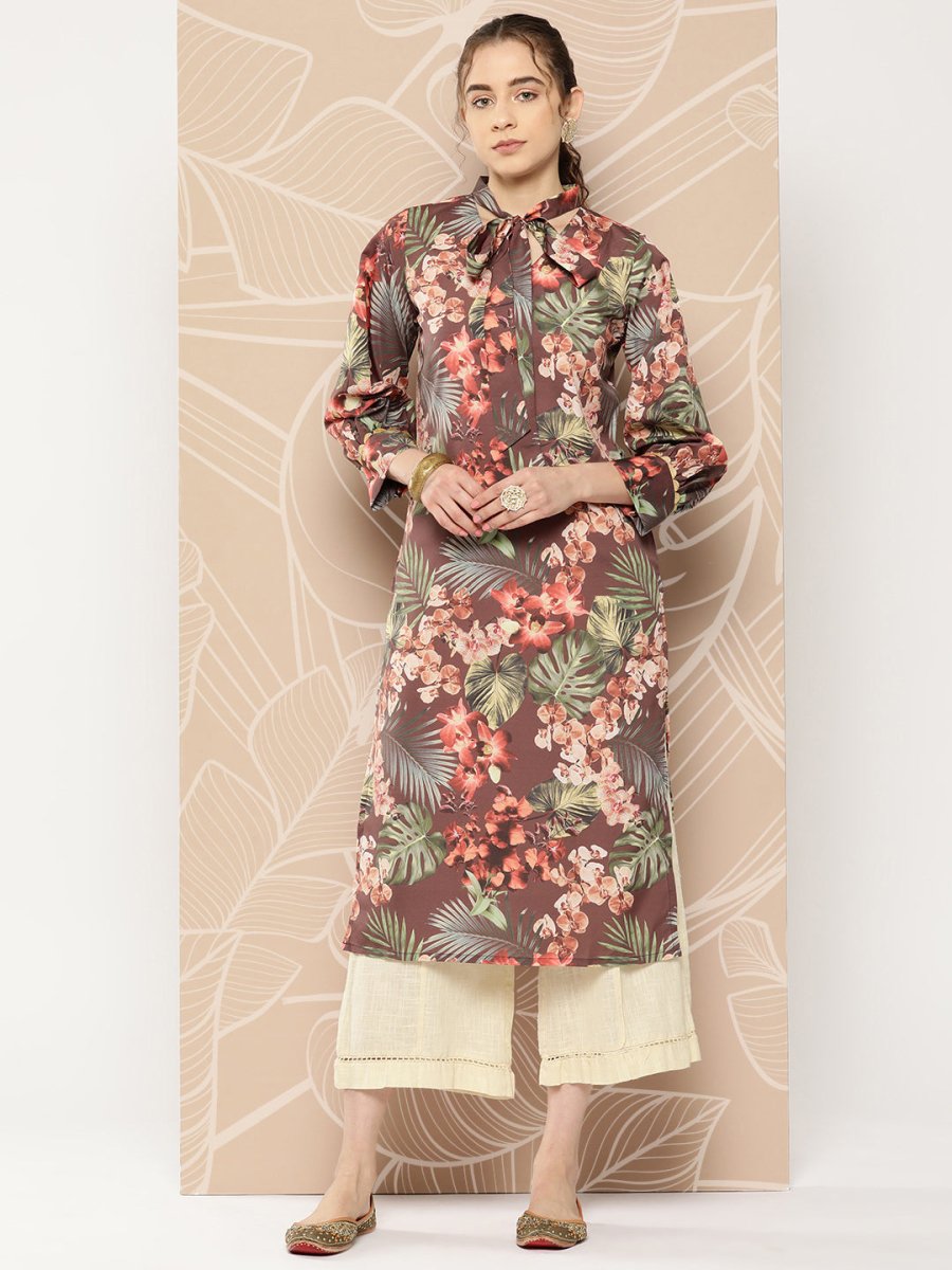 Ahalyaa Women Brown & Orange Floral Printed Crepe Kurta | Swadesiicart