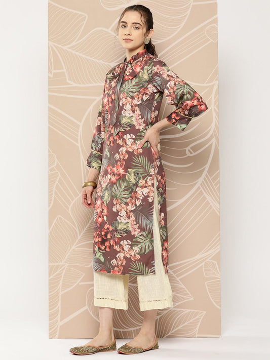 Ahalyaa Women Brown & Orange Floral Printed Crepe Kurta | Swadesiicart