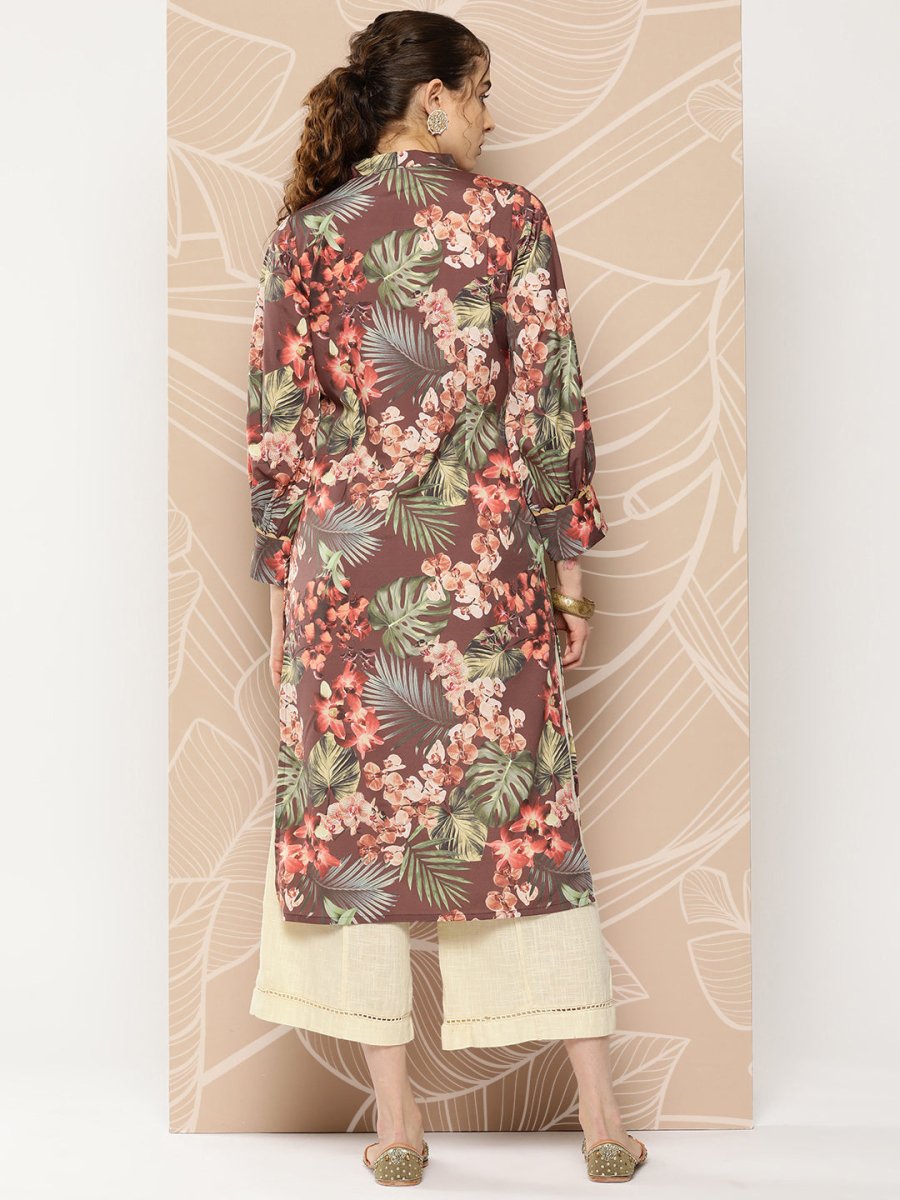 Ahalyaa Women Brown & Orange Floral Printed Crepe Kurta | Swadesiicart