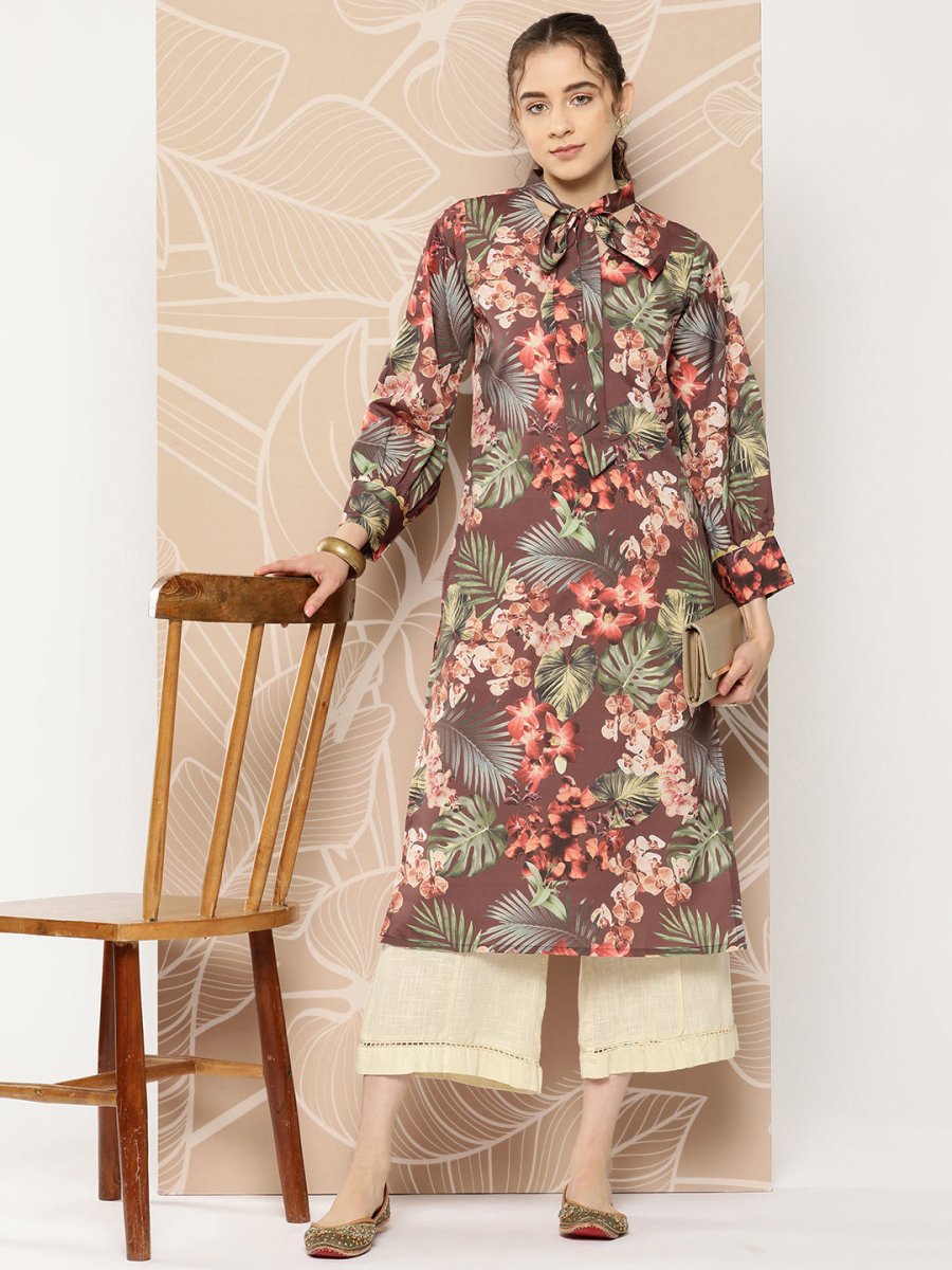 Ahalyaa Women Brown & Orange Floral Printed Crepe Kurta | Swadesiicart