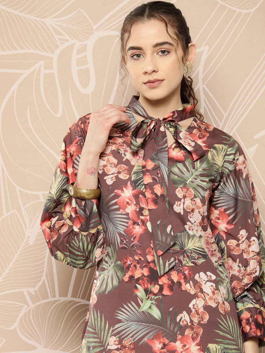 Ahalyaa Women Brown & Orange Floral Printed Crepe Kurta | Swadesiicart