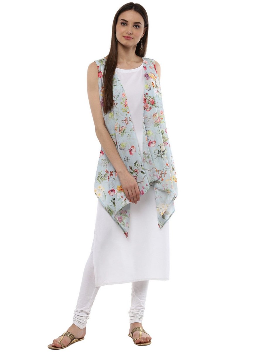 Ahalyaa White & Blue Floral Scarf Cape Attached Straight Kurta | Swadesiicart