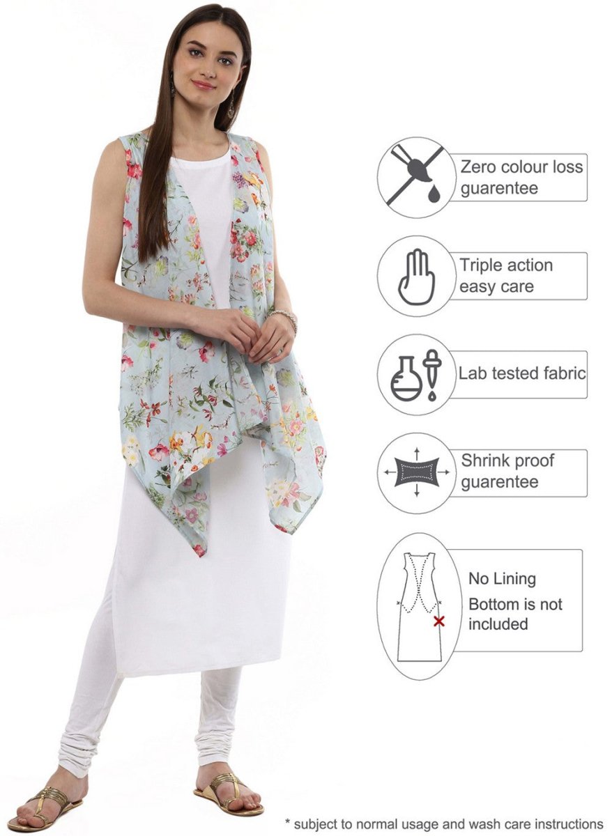 Ahalyaa White & Blue Floral Scarf Cape Attached Straight Kurta | Swadesiicart